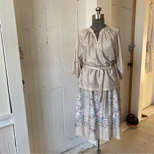 Vintage Bohemian Poly Knit Floral Rose Skirt Set Ensemble with Belted Top